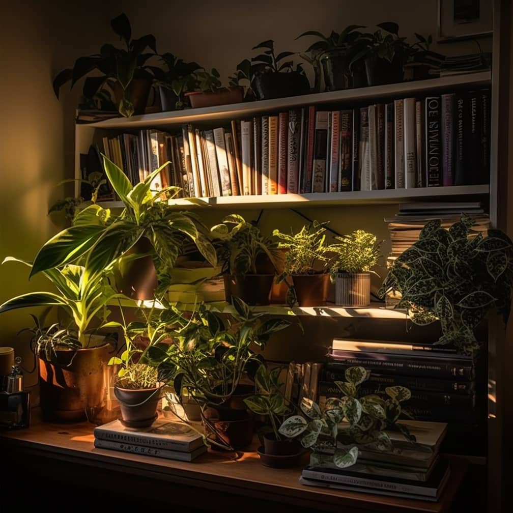 plantas de interior, prosperando bajo diversas condiciones de luz en un moderno cuarto de estudio, ofreciendo ideas sobre los efectos de la luz en el crecimiento de las plantas, enmarcadas contra un fondo de una estantería ordenada meticulosamente