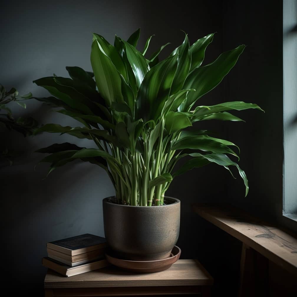 Aspidistra elatior, a menudo conocida como 'planta de hierro fundido', destacando resistente en una maceta de cerámica en un rincón bien iluminado de una sala de estar minimalista