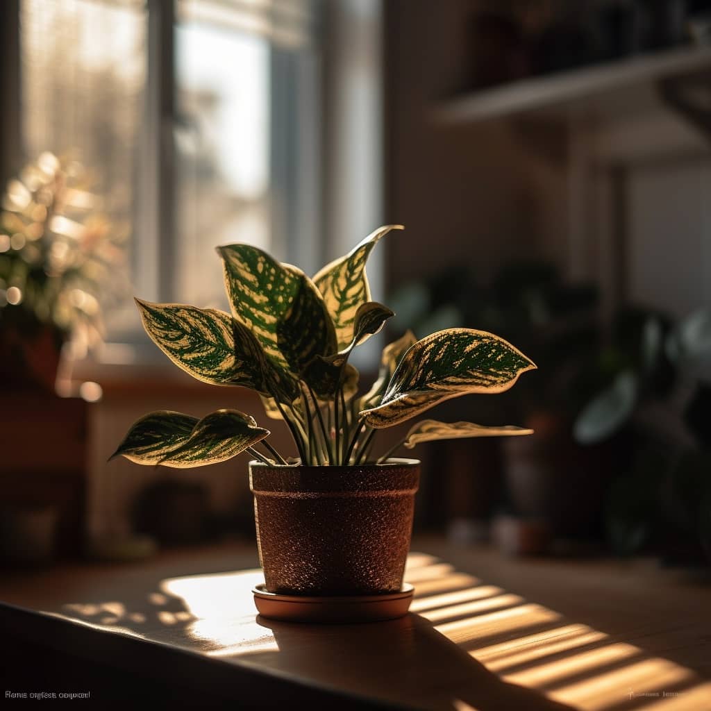 una planta epipremnum aureum, tomando el sol bajo una ventana en una tranquila oficina en casa