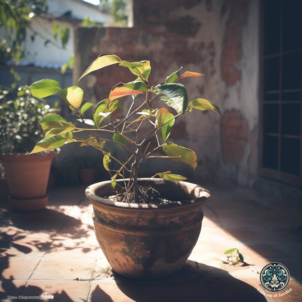 Planta en necesidad de poda, creciendo en una humilde maceta contra el telón de fondo de una modesta casa latinoamericana, durante el brillante mediodía cuando el vibrante sol pinta la escena con tonos duros pero auténticos.