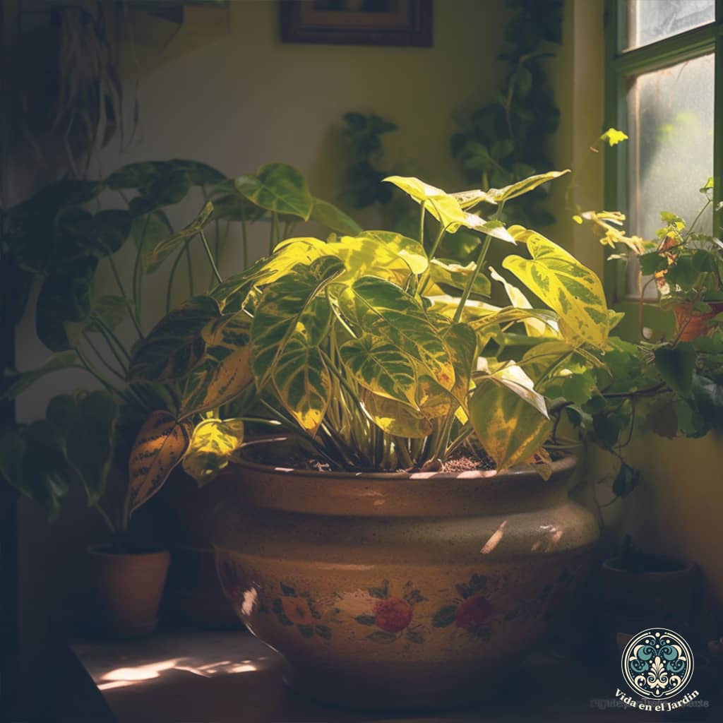 "Una fotografía de una planta grande con hojas amarillentas, colocada en una maceta y rodeada de otras plantas verdes, situada en una vivienda latinoamericana llena de vida, durante el final de la mañana con la suave luz solar difusa iluminando delicadamente el conjunto de follaje