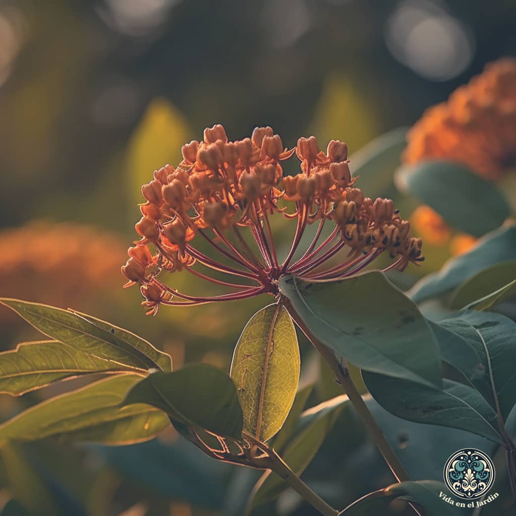 una planta de algodoncillo meciéndose con gracia en un hermoso jardín, rodeada de flores vibrantes, durante las horas doradas de la tarde