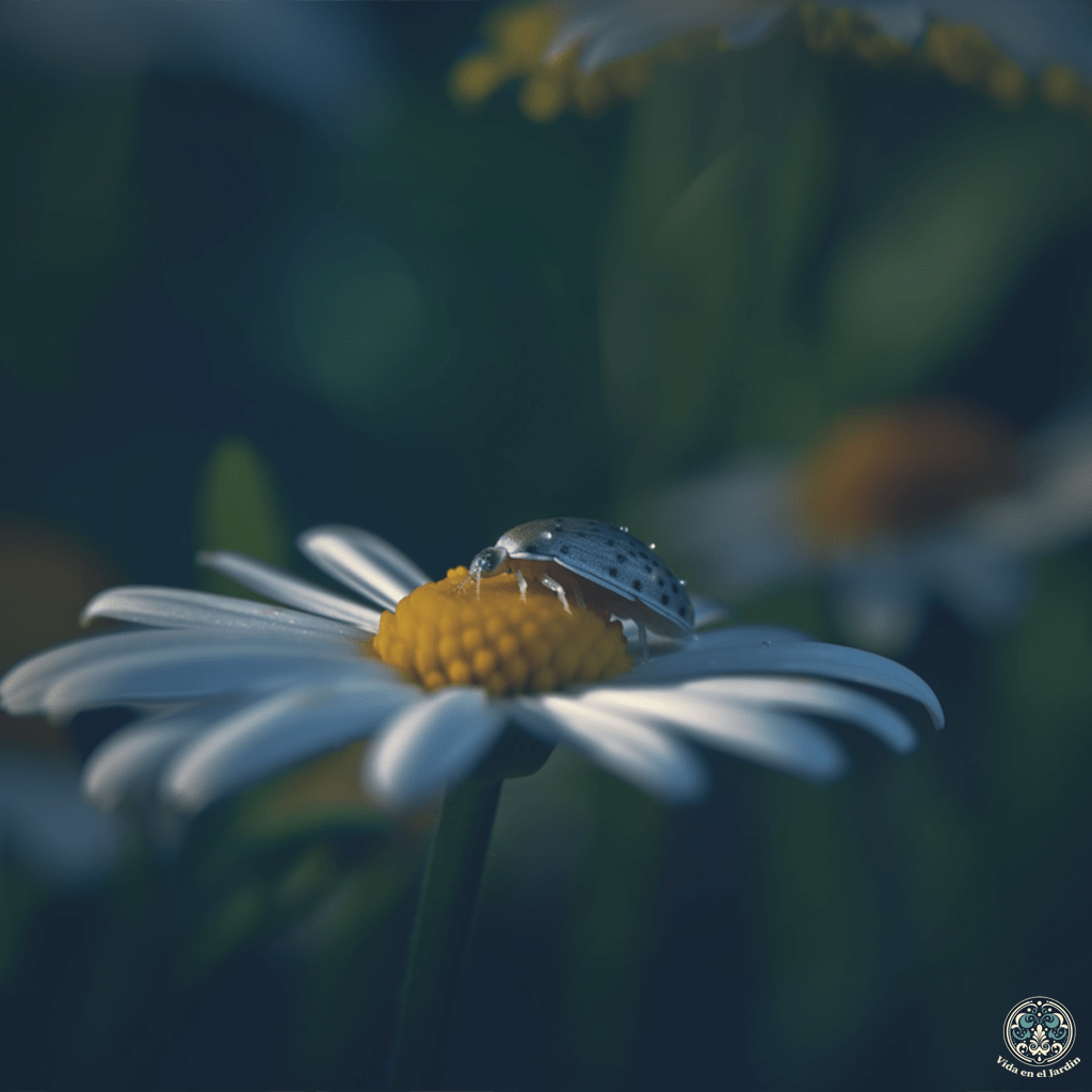 Abeja recolectando néctar de una flor de margarita, con más margaritas floreciendo en el fondo, durante una soleada mañana de primavera, con luz brillante y capturada con una lente macro utilizando la Tamron