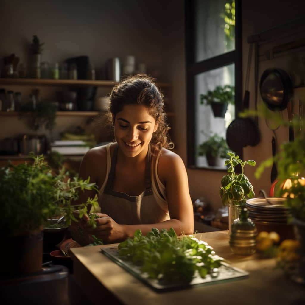 Mujer preparando una comida con albahaca fresca, bañada en la cálida luz del atardecer, con una cocina rústica llena de plantas aromáticas en el fondo