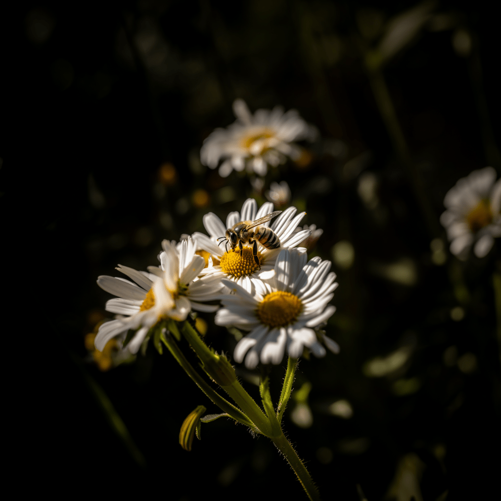 Margarita rociada con gotas de agua después de un riego temprano, con un vibrante jardín en el fondo, al amanecer, con luz dorada y capturada con una lente gran angular usando la Sigma