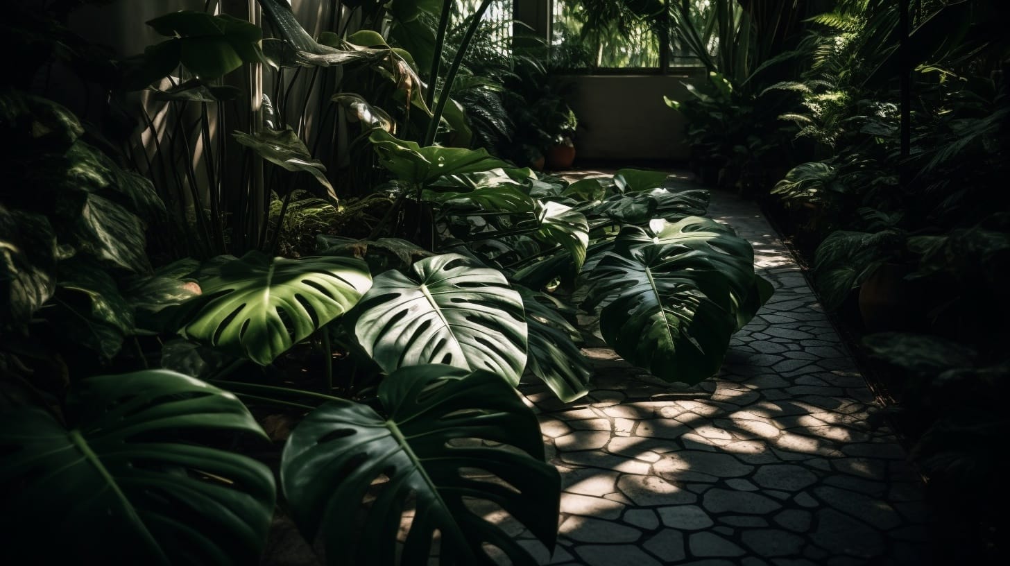 Una imagen meticulosamente detallada de una Monstera deliciosa prosperando en medio del frondoso follaje de un jardín victoriano, sus anchas hojas proyectando sombras intrincadas en el suelo durante una tranquila tarde, capturada por una cámara de formato medio, utilizando un lente fijo con luz solar moteada filtrándose a través del dosel.