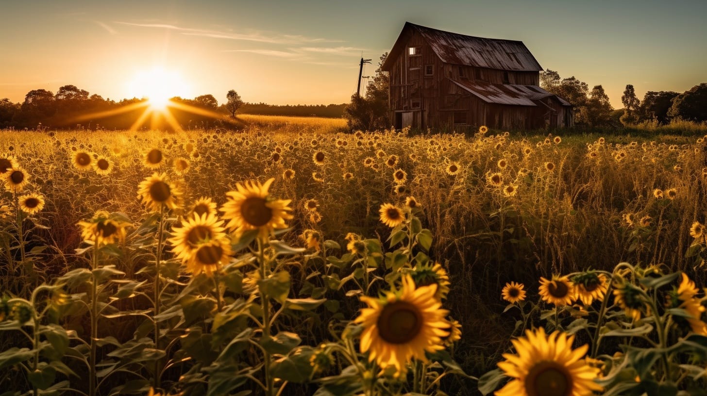  un girasol, erguido en medio de un campo de girasoles, con un cielo azul claro como fondo, durante el mediodía con la luz solar directa y brillante resaltando sus vibrantes pétalos amarillos