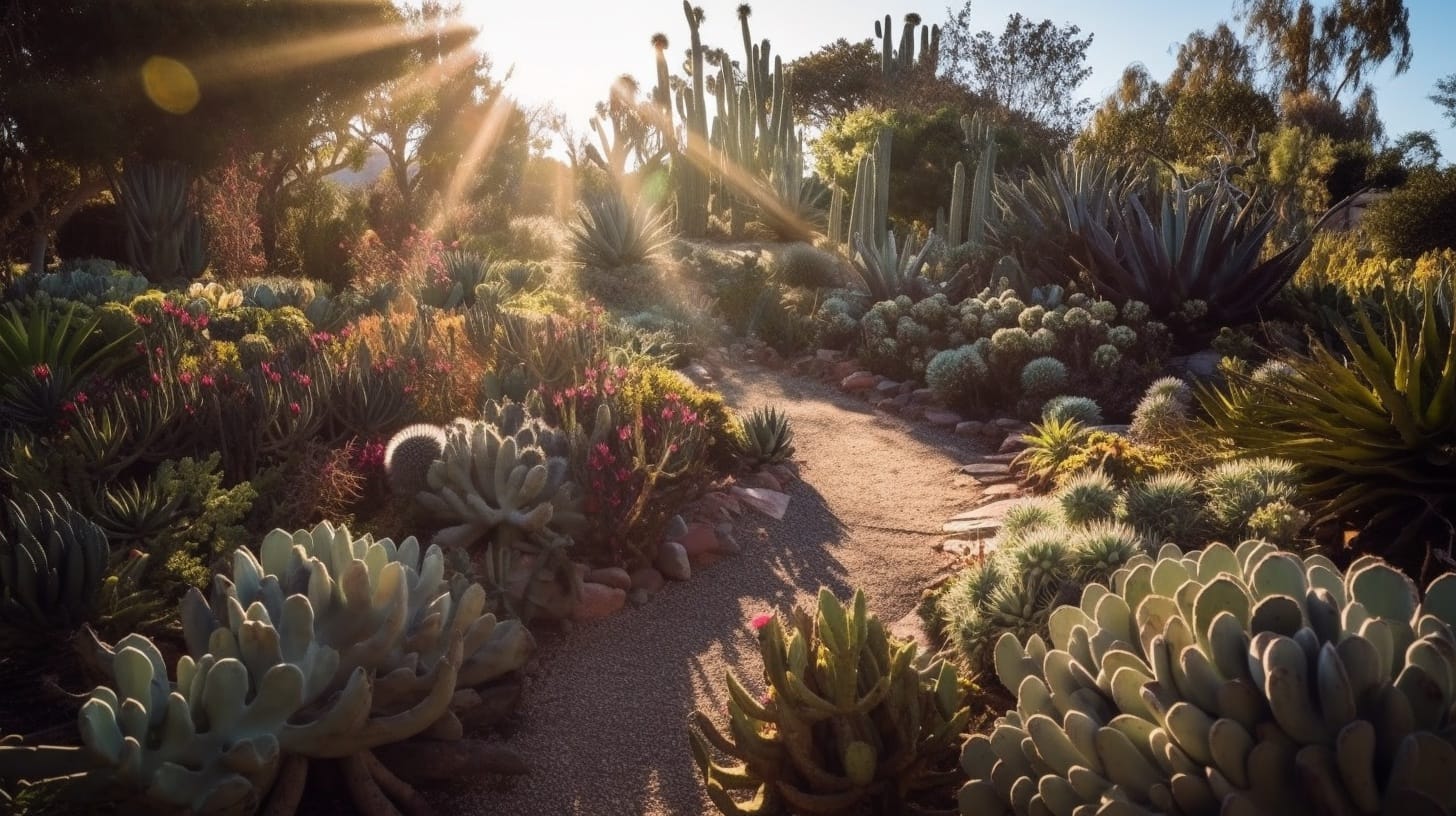 Toma de ángulo amplio de plantas amantes del sol, específicamente echeveria, aloe vera y cactus, floreciendo en un hermoso jardín desértico bañado en abundante luz al mediodía. La iluminación para plantas es clave para su crecimiento, capturada con una cámara DSLR usando un lente de ángulo amplio.