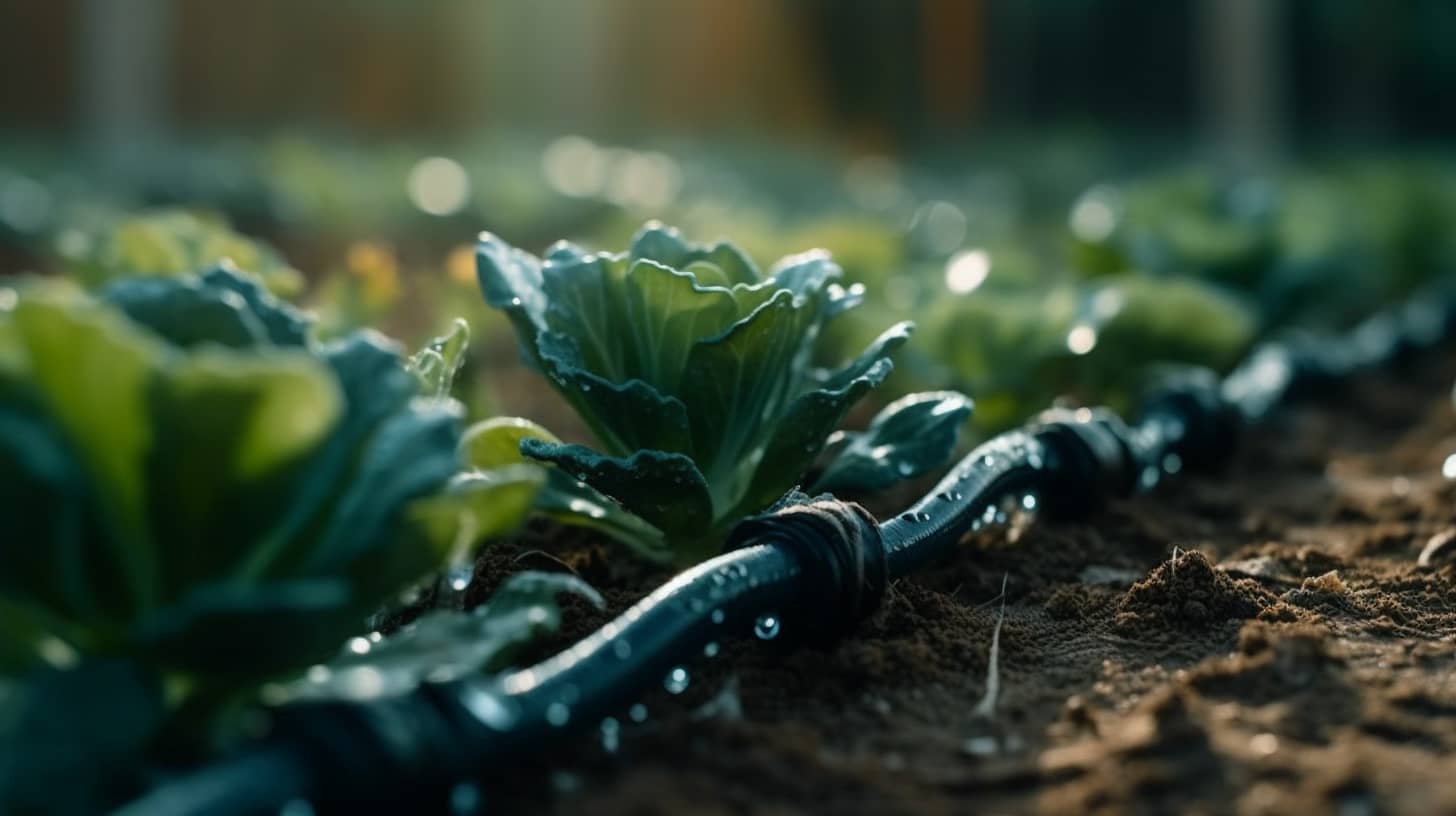 Imagen detallada de un sistema de riego por goteo instalado en un jardín, asegurando un riego eficiente para cada planta.