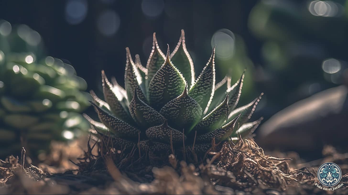 Haworthia attenuata, disfrutando del sol matutino entre sombras, con la silueta de otras suculentas en el fondo.