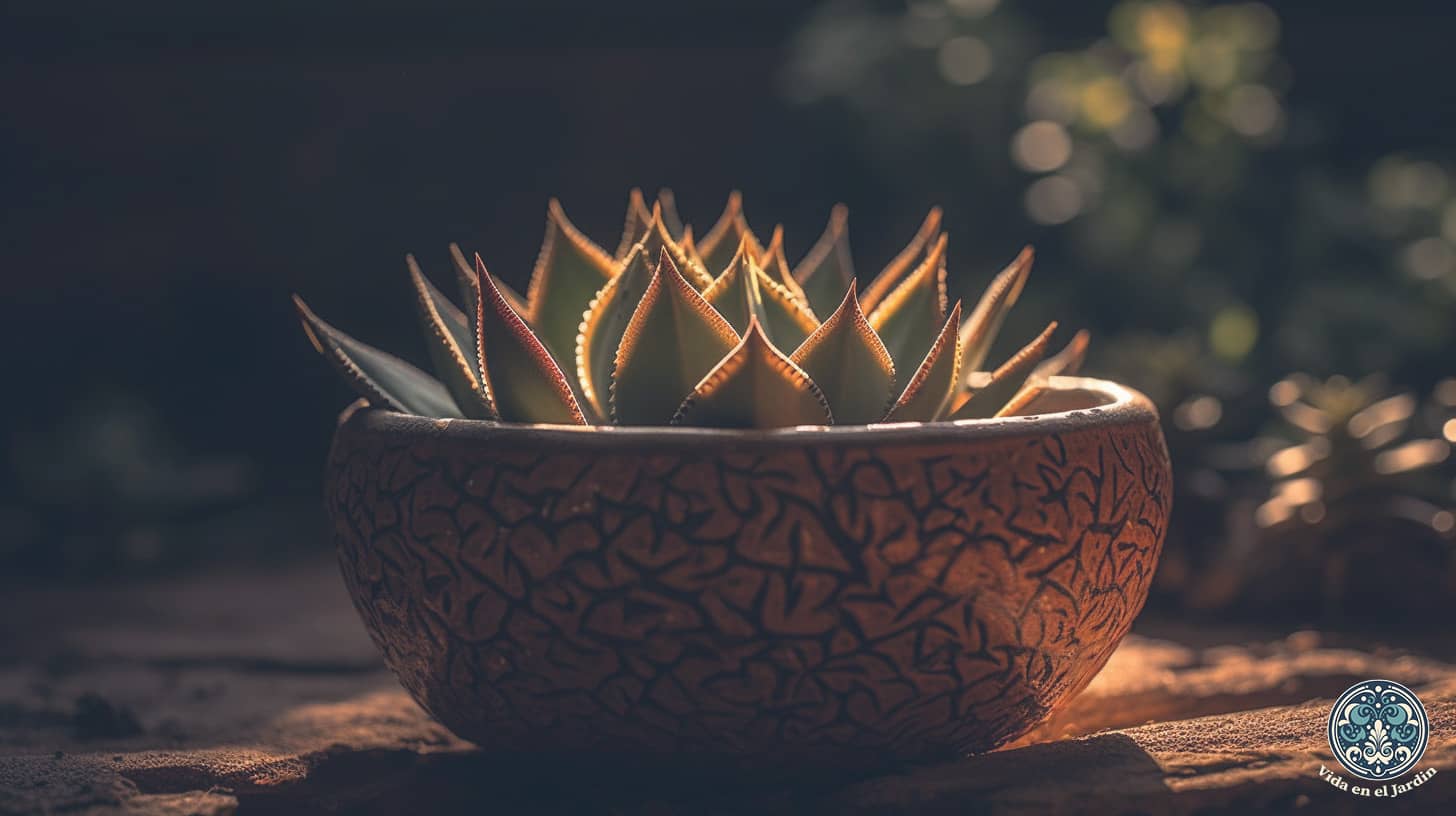 Las hojas translúcidas de la Haworthia cooperi capturando la luz dorada del atardecer, contrastadas con una rústica maceta de terracota