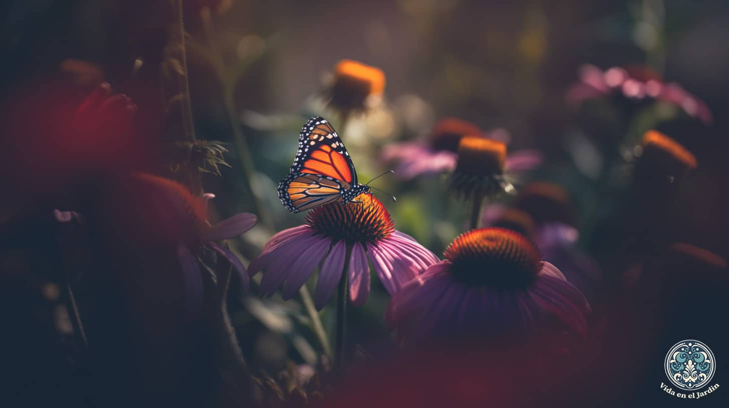 una mariposa vibrante posada delicadamente en una majestuosa equinácea morada en un jardín iluminado por el sol, durante la mañana temprana,