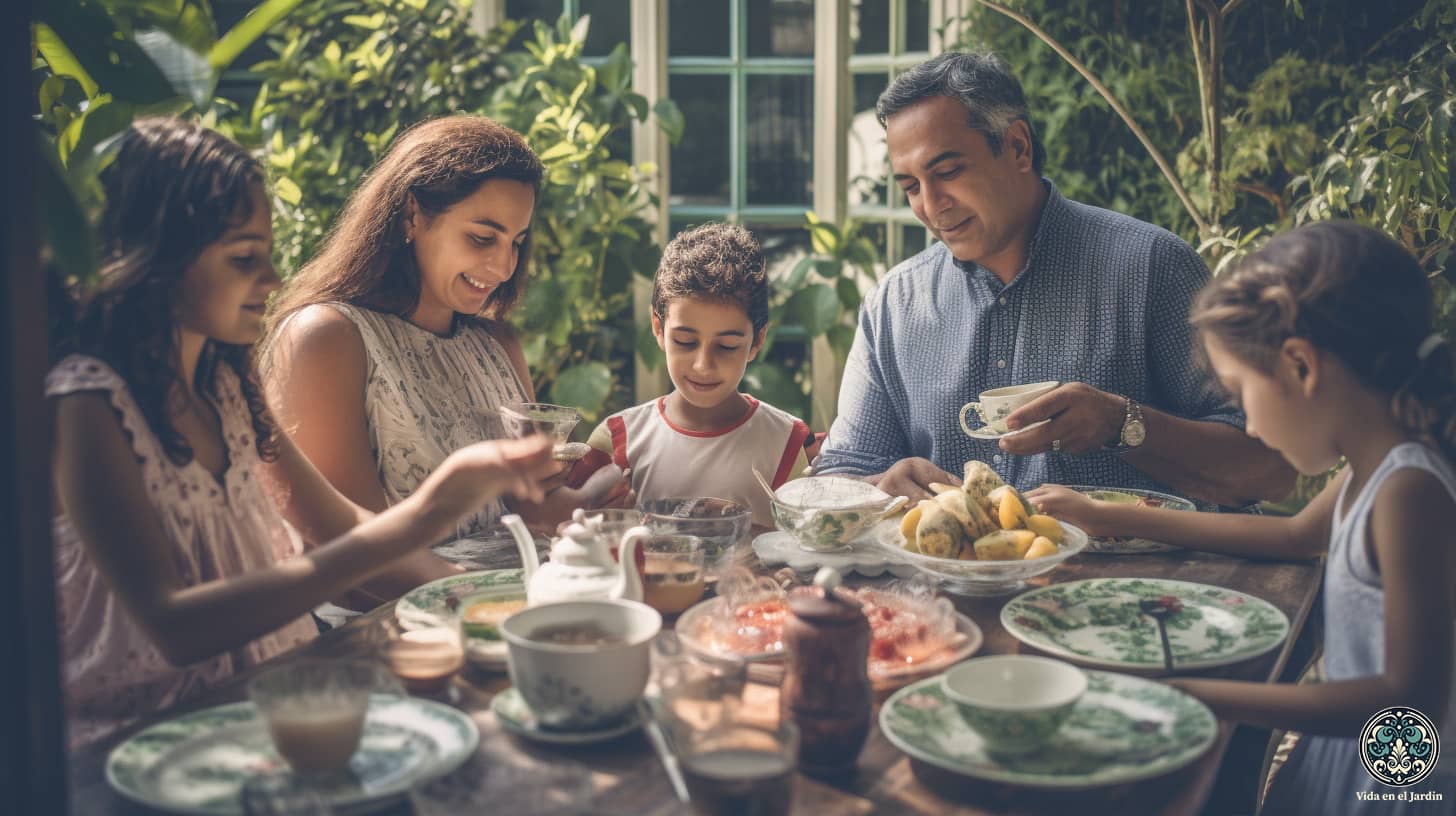 Una familia disfrutando de un té por la tarde, con hojas frescas de menta infusionadas en la tetera, con un exuberante jardín lleno de plantas aromáticas en el fondo, durante una soleada tarde.