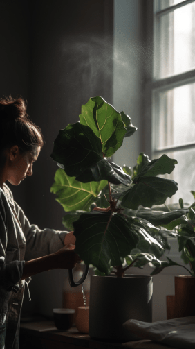 na persona riega cuidadosamente una higuera de hojas de violín en un espacio interior contemporáneo, durante las horas de la mañana con luz natural difusa, y la imagen es capturada con una lente prime.