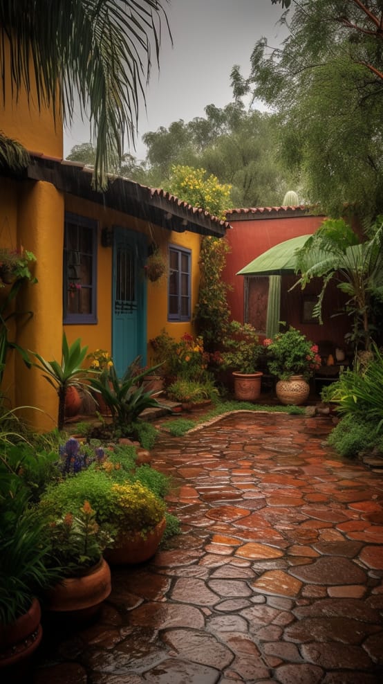 Pequeño y saludable jardín latinoamericano, vibrante con los ricos matices de plantas autóctonas brillando con gotas de lluvia, situado contra el telón de fondo de una casita pintada de colores brillantes.