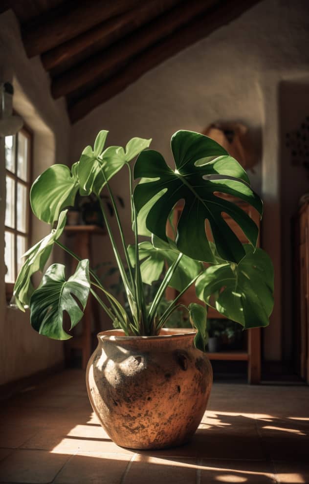 Hermosa Monstera deliciosa, anidada en una rústica maceta de barro, con el telón de fondo de una encantadora casa de estilo granja con vigas de madera expuestas y paredes blanqueadas, durante el mediodía con la cálida luz solar indirecta filtrándose a través de una ventana cercana