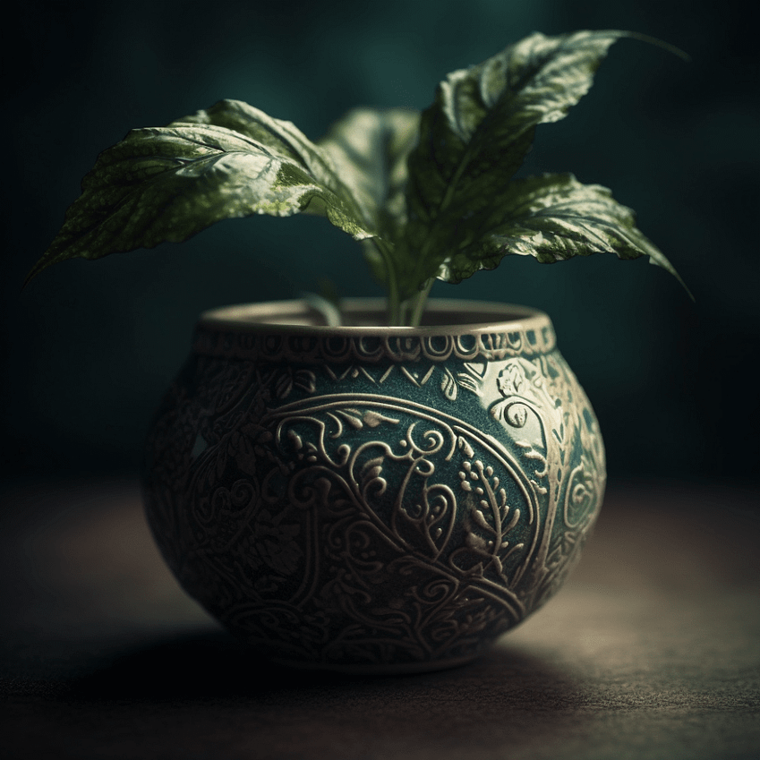 Una planta verde se encuentra dentro de un florero, en el estilo del tonalismo melancólico, arabesco, capturado con la lente Tokina AT-X 11-16mm f/2.8 Pro DX II para obtener ilustraciones altamente detalladas. Los tonos oscuros de turquesa y beige crean un ambiente medieval, fotografiado con la lente Sony FE 85mm f/1.4 GM.