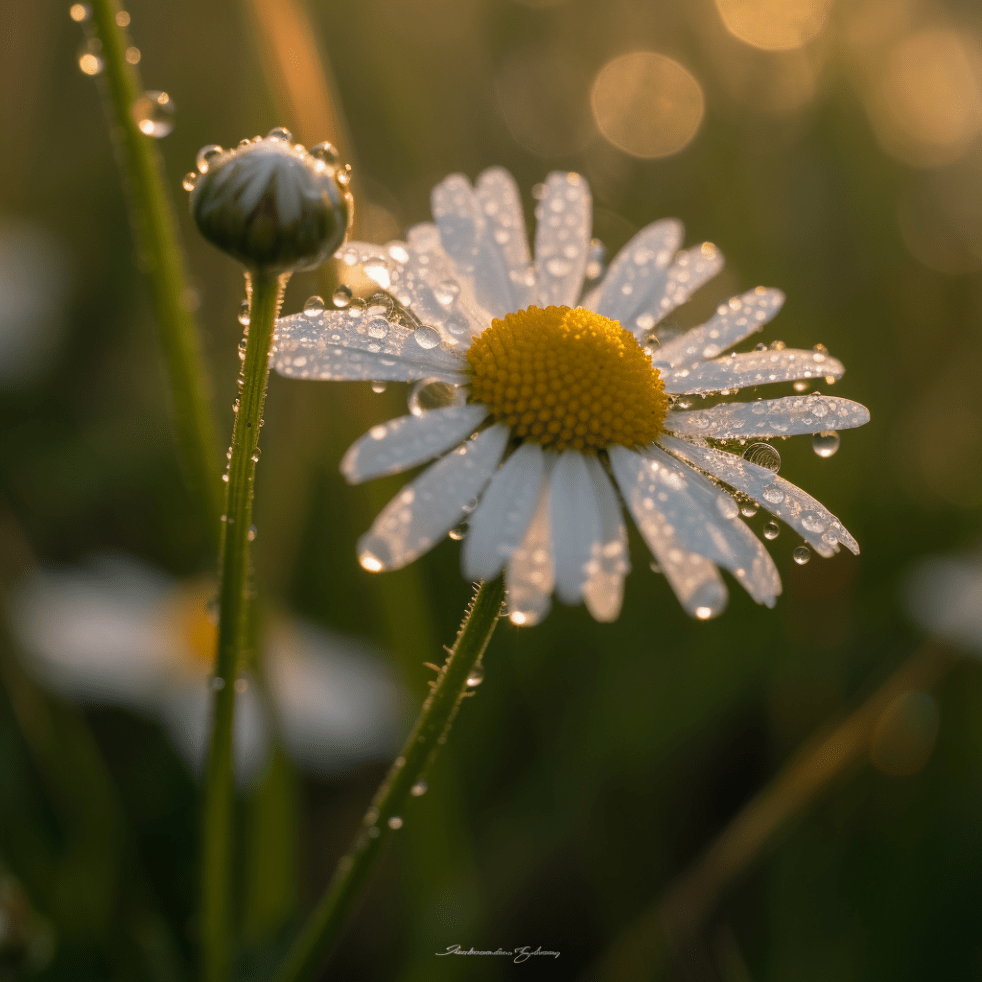 Una única flor de manzanilla, destacándose en medio de un prado frondoso, durante la mañana temprano con las delicadas gotas de rocío brillando a la luz del amanecer.