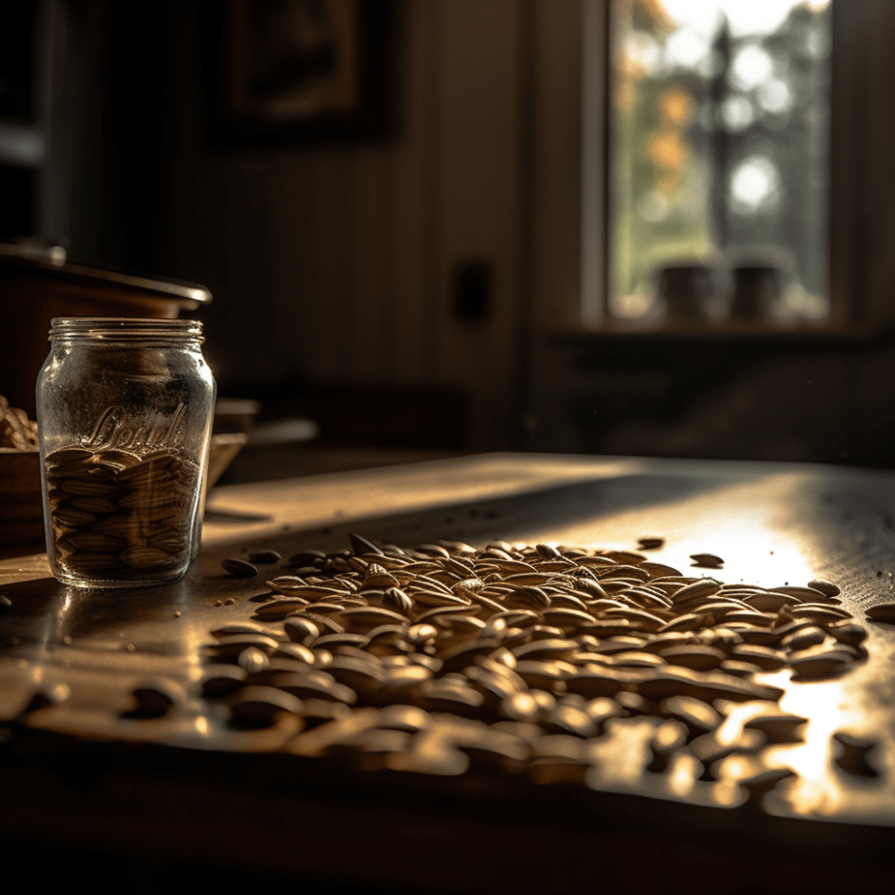 Semillas de girasol, esparcidas sobre una mesa de madera oscura en una cocina campestre, durante la tarde con la cálida luz natural entrando a través de una ventana cercana