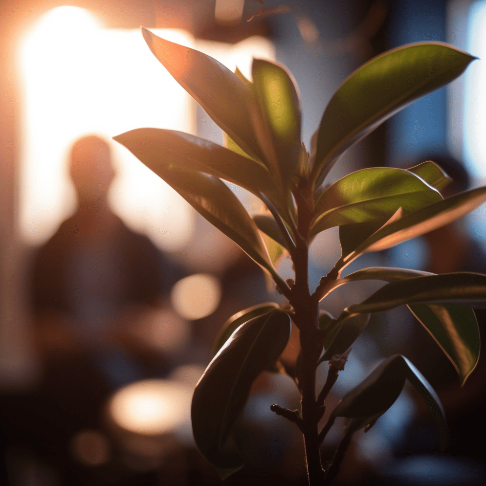 Fotografía bokeh de una exuberante Ficus elastica en la oficina de una startup tecnológica con programadores animados resolviendo problemas alegremente en el fondo durante la tarde, capturada con una cámara de cuadro completo utilizando un objetivo prime de gran apertura.