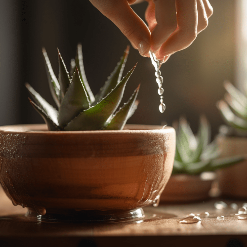  Aloe Vera en una maceta, una mano tomando sus beneficios medicinales.