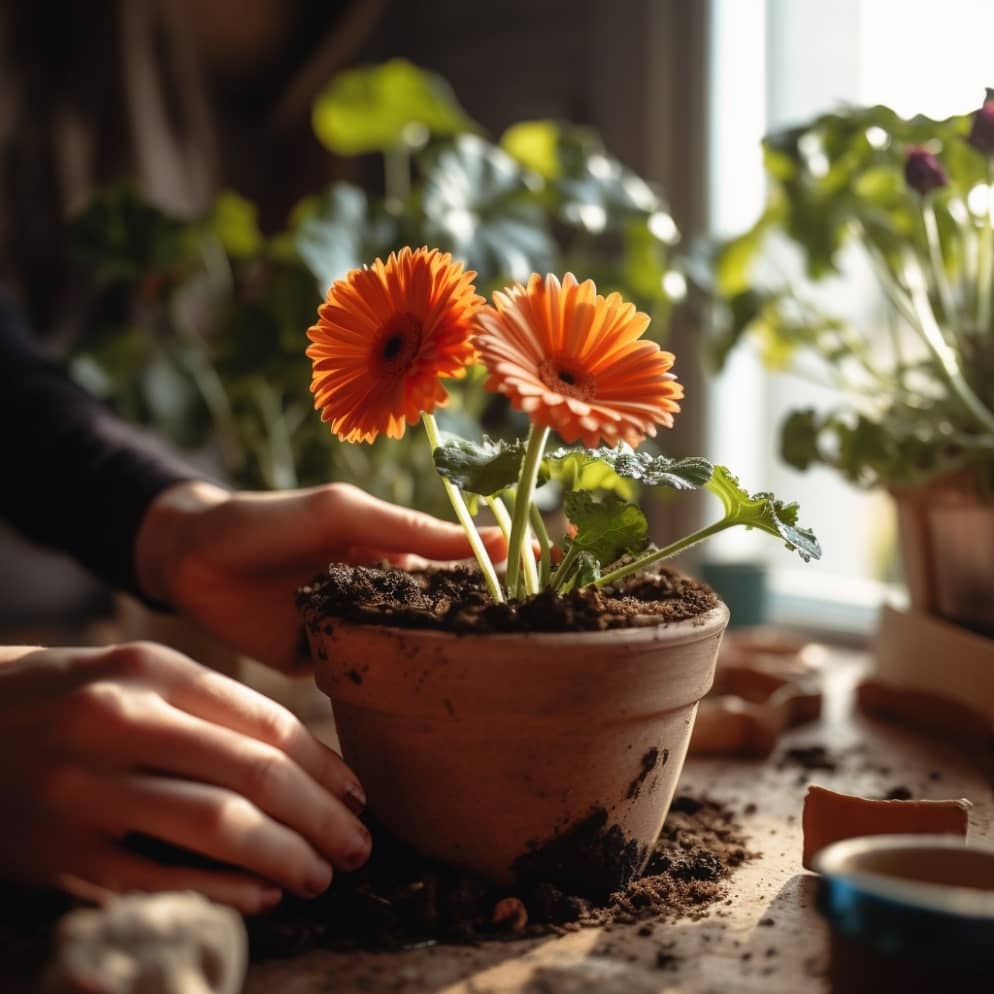 Una Gerbera naranja en una maceta de barro.