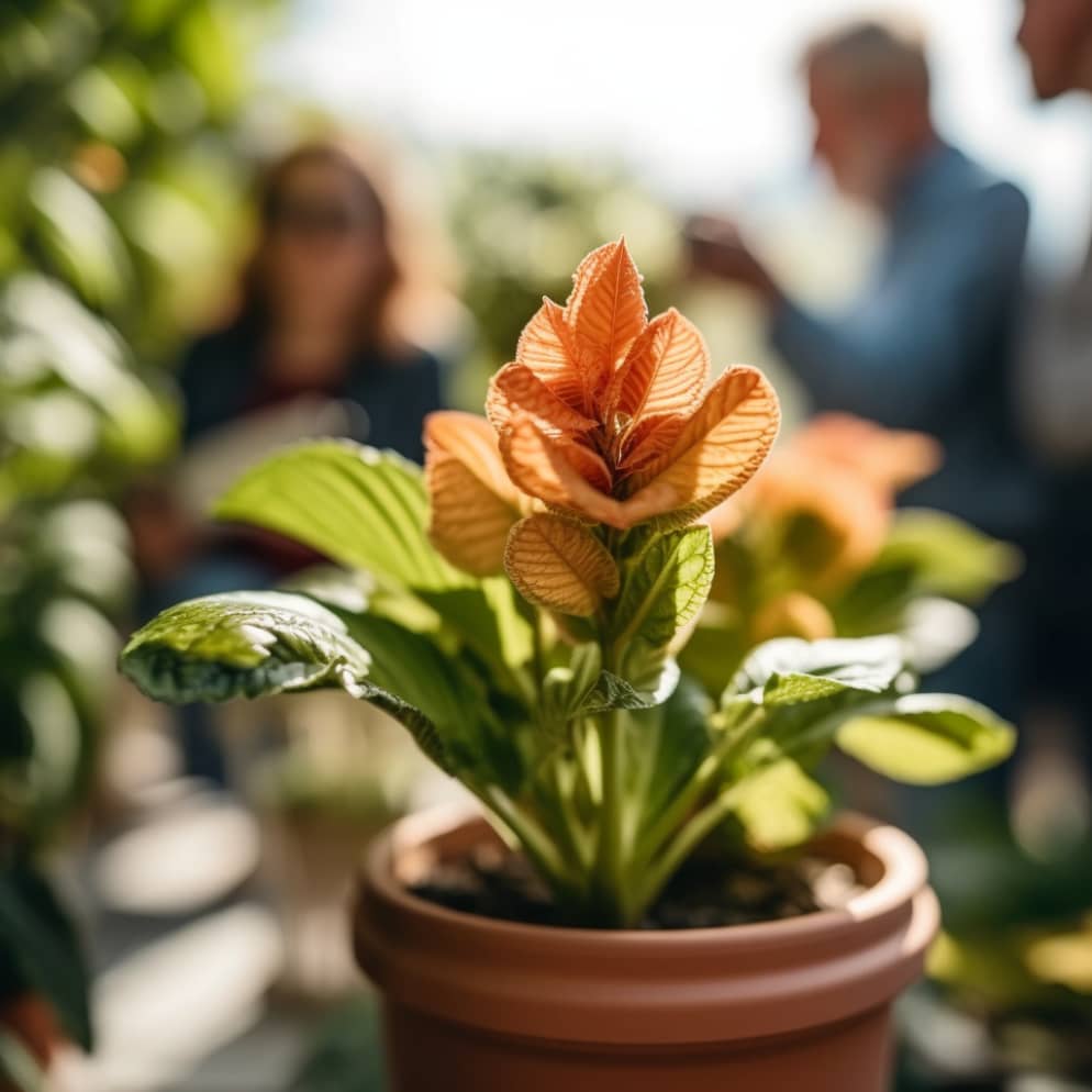 Fotografía en primer plano de una planta de gengibre en maceta prosperando en un lugar soleado en un animado jardín de una casa familiar, con miembros de la familia alegres admirándola a media mañana, tomada con una cámara sin espejo utilizando un lente macro.
