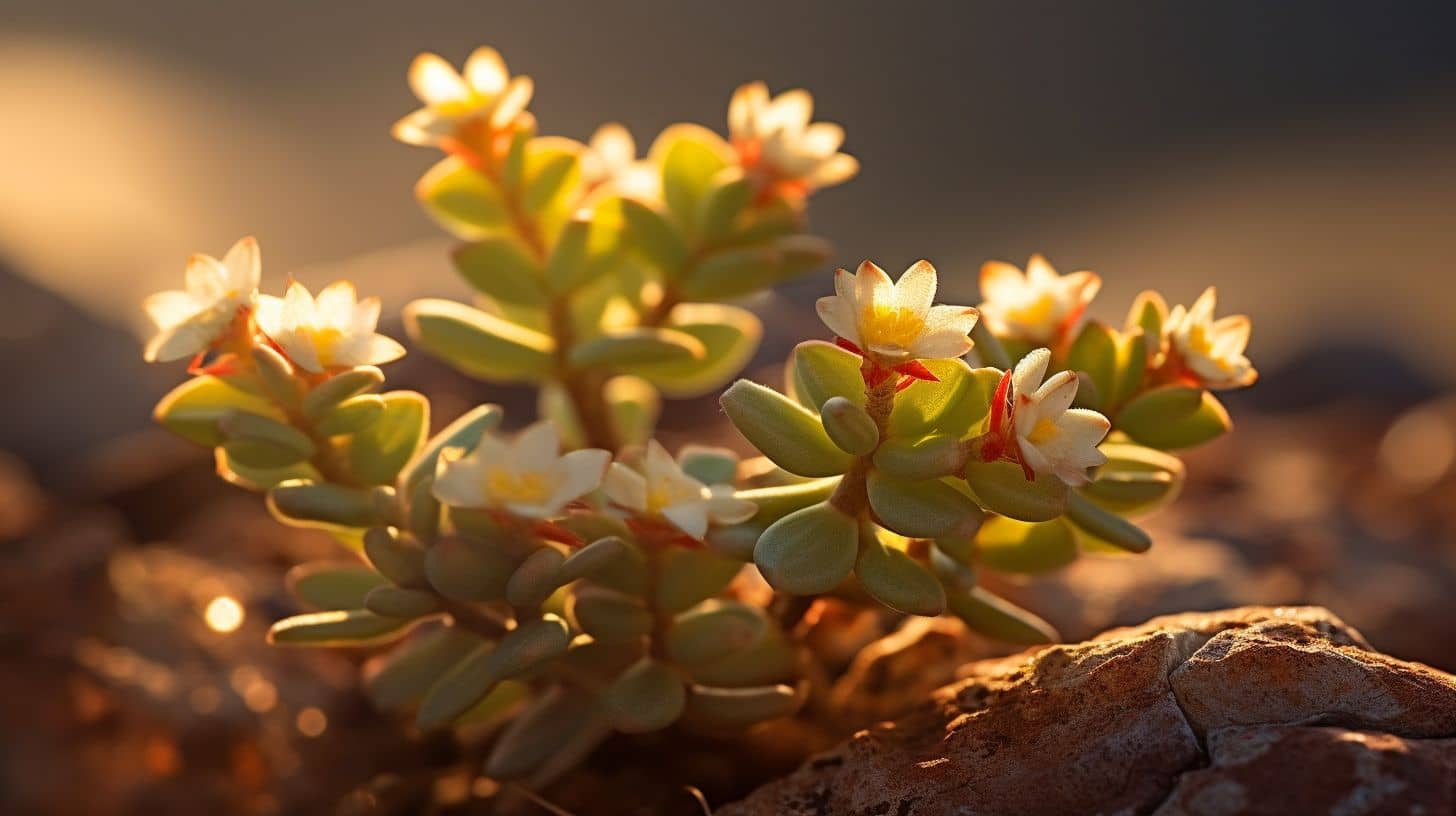 Crassula Pellucida en plena floración con flores blancas o rosadas, destacando la belleza de esta suculenta sudafricana.