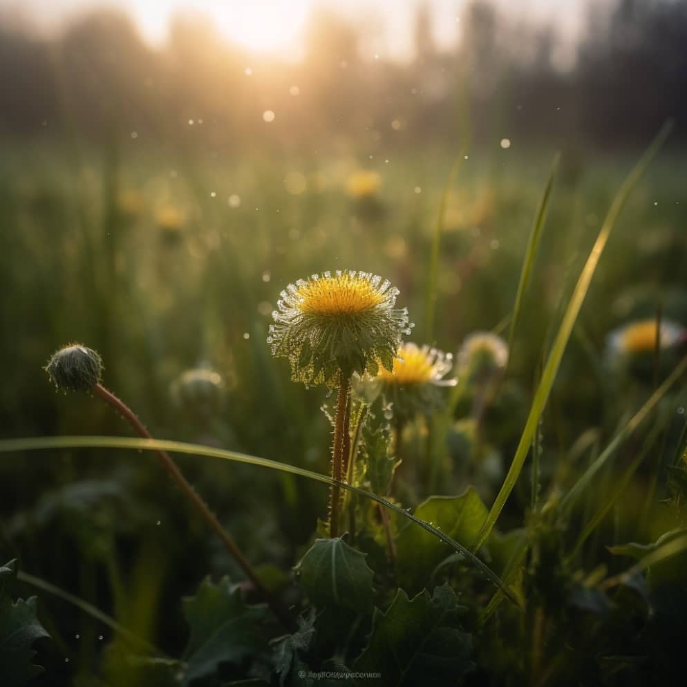 Diente de León, prosperando en medio de un grupo de flores silvestres cerca de un tranquilo estanque, durante la temprana mañana con la luz fresca y delicada del amanecer,