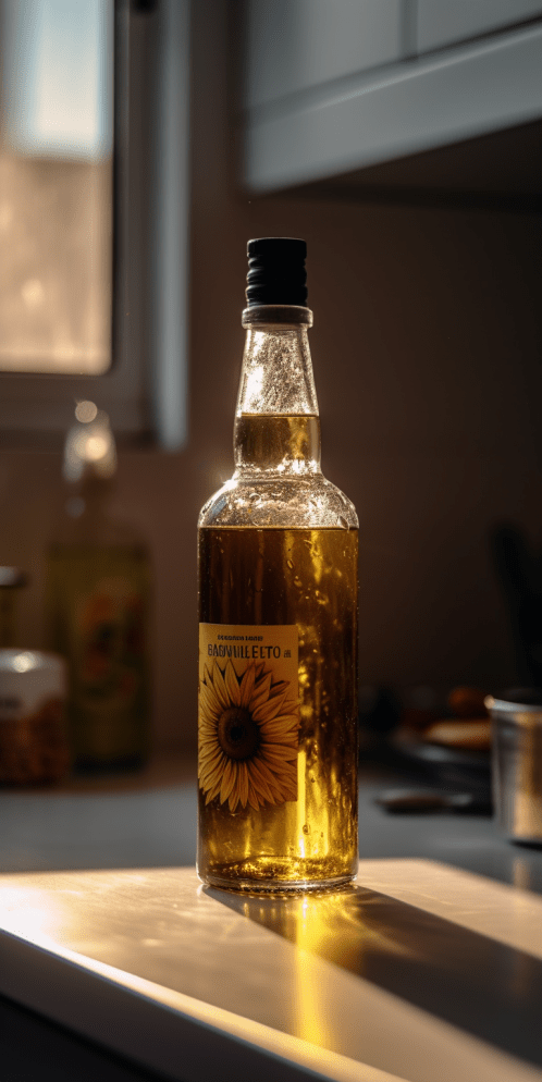Botella aceite de girasol, brillando en una botella de vidrio transparente sobre una encimera de mármol en una cocina moderna, durante el principio de la noche con la suave luz ambiental interior reflejándose en la superficie del aceite, tomada con un lente estándar