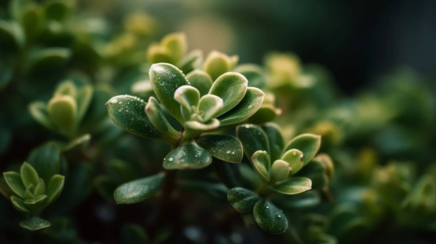 
Toma en primer plano de las hojas de una Crassula ovata en un jardín victoriano lleno de rosas en flor y setos recortados a media mañana, fotografiando con una cámara sin espejo utilizando un objetivo macro.