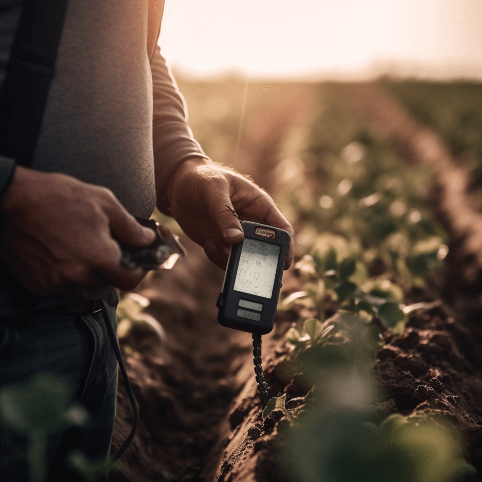 Fotografía de primer plano de una Medición de la Humedad del Suelo realizada por un agrónomo en un campo productivo al amanecer, capturada con una cámara sin espejo y un lente macro. Este procedimiento crucial asegura un Riego Perfecto para las cosechas, destacando la importancia del Riego en la productividad agrícola.
