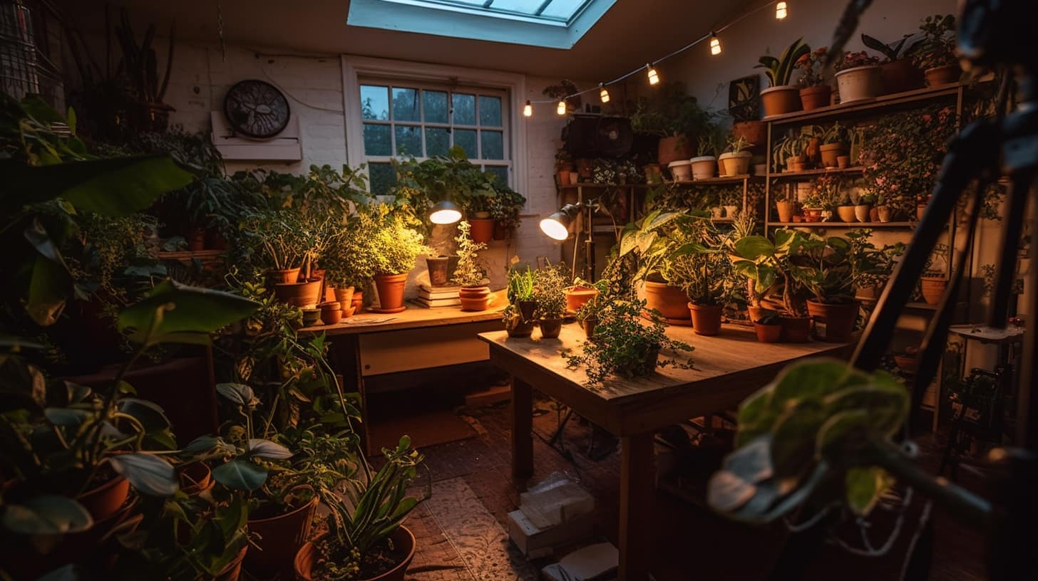 Toma de ángulo amplio de luces de cultivo proyectando un resplandor vibrante sobre una variedad de plantas de interior arraigadas en un hogar acogedor de estilo latinoamericano durante la tarde noche. La iluminación para plantas es vital para su crecimiento en interiores, capturada con una cámara DSLR utilizando un lente de ángulo amplio."