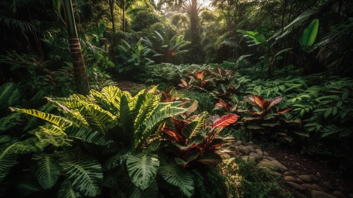 Toma de ángulo amplio de plantas que adoran la luz solar indirecta, notablemente las calatheas y helechos, mostrando su vibrante follaje en un exuberante jardín bajo el sol filtrado de la tarde. La iluminación para plantas juega un papel crucial en su desarrollo, imagen capturada con una cámara DSLR usando un lente de ángulo amplio.