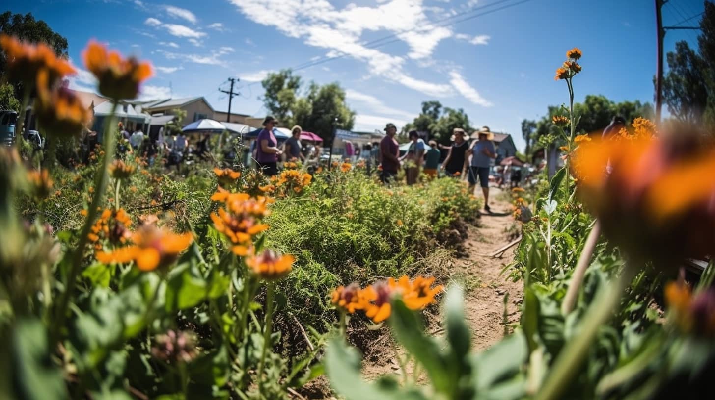 Fotografía de gran angular de una planta sana y floreciente gracias a un riego perfecto, luciéndose alta en un jardín comunitario con voluntarios locales cuidando otras plantas en el fondo al mediodía. Esta hermosa escena fue capturada con una cámara DSLR utilizando un lente gran angular. Esta imagen pone de relieve la importancia del riego adecuado para mantener la salud y vitalidad de las plantas en todo tipo de jardines."