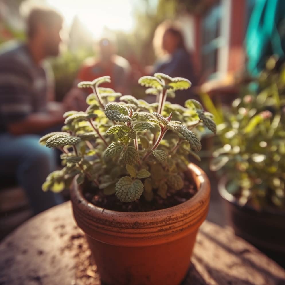 Fotografía en primer plano de una planta de manzanilla en maceta prosperando en un lugar soleado en un animado jardín de una casa familiar, con miembros de la familia alegres admirándola a media mañana, tomada con una cámara sin espejo utilizando un lente macro.