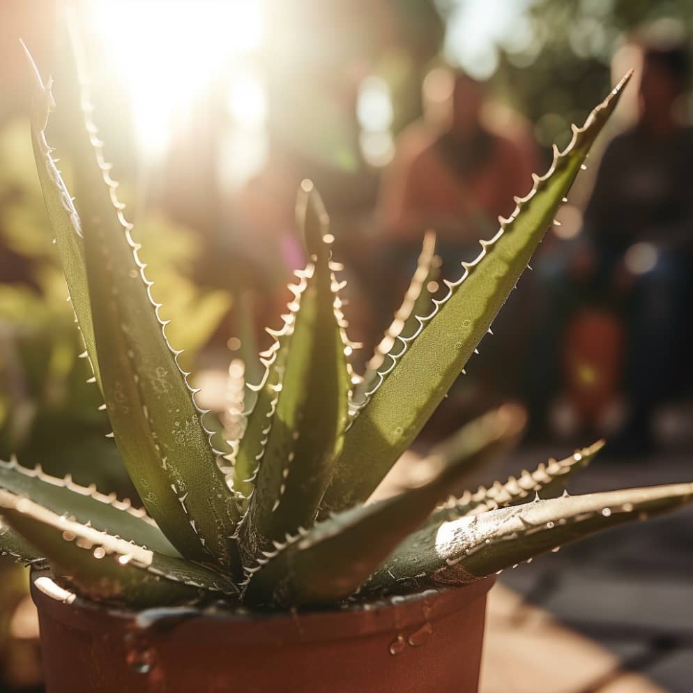 Fotografía en primer plano de una planta de aloe vera en maceta prosperando en un lugar soleado en un animado jardín de una casa familiar, con miembros de la familia alegres admirándola a media mañana, tomada con una cámara sin espejo utilizando un lente macro.