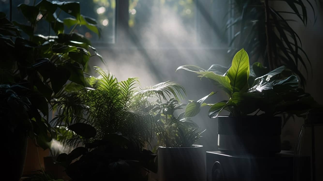 humidificador emitiendo una corriente de vapor al lado de un grupo de plantas de interior tropicales, al mediodía con luz solar indirecta y tomada con un objetivo zoom estándar utilizando un Sigma