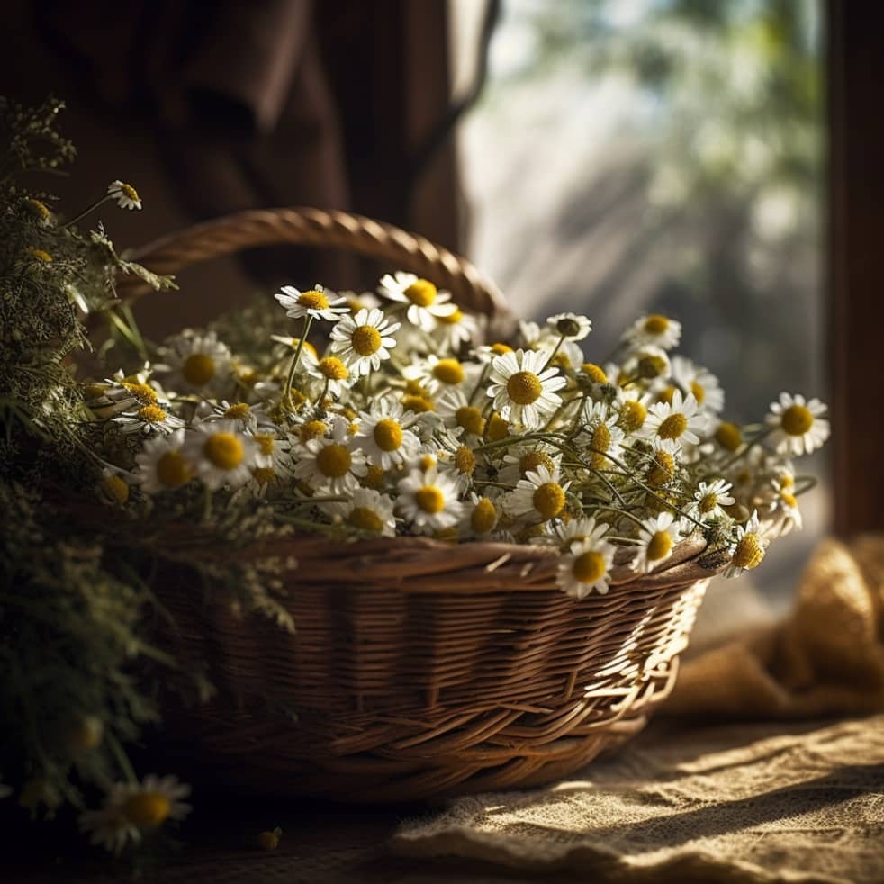 Flores de manzanilla, agrupadas en una rústica cesta de mimbre, colocadas sobre una mesa de madera en un entorno al aire libre, durante el mediodía con la intensa luz solar intensificando su color radiante.