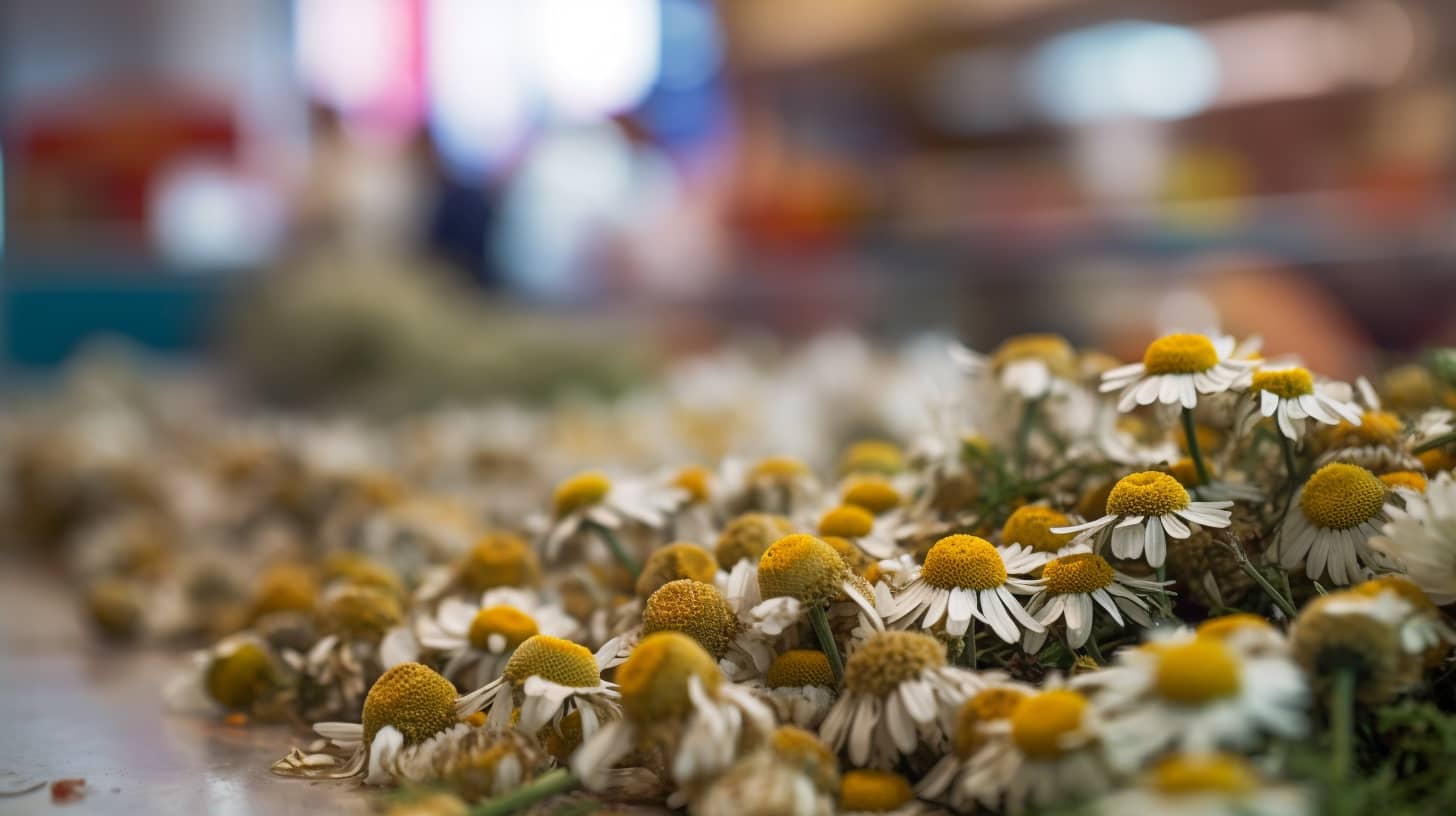  flor de manzanilla, capturada de cerca en un bullicioso mercado latinoamericano, durante la mañana temprano con la actividad del mercado formando un fondo animado