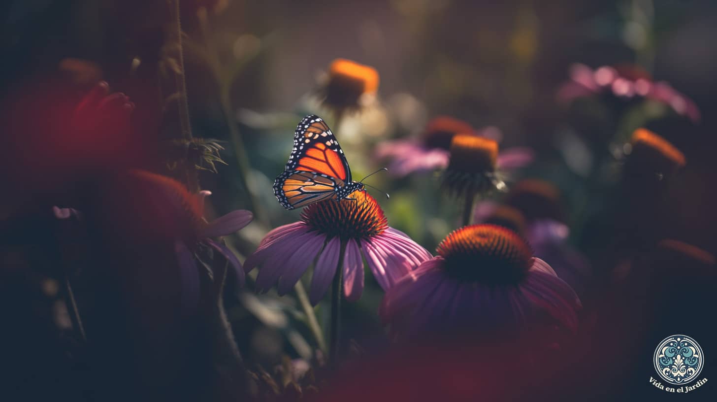 una mariposa vibrante posada delicadamente en una majestuosa equinácea morada en un jardín iluminado por el sol, durante la mañana temprana,