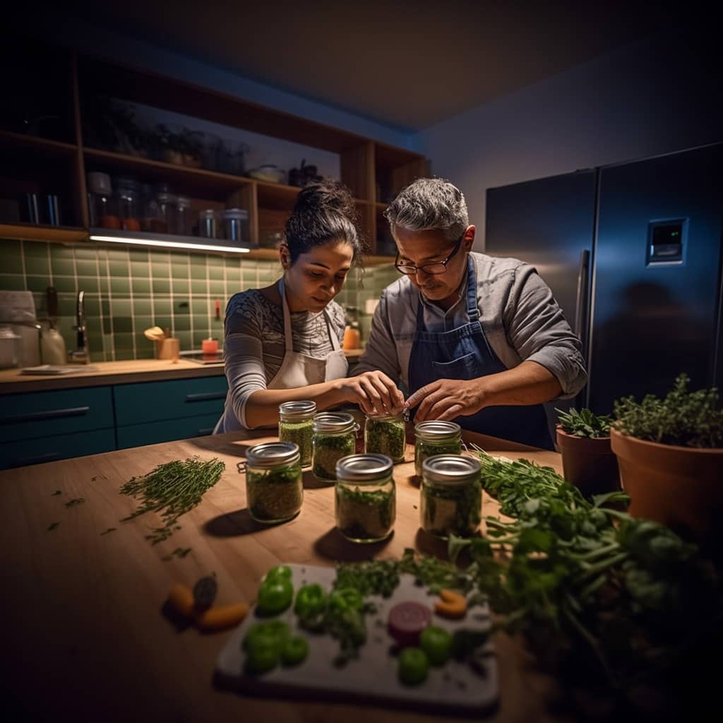 pareja organizando tomillo y albahaca recién cortados en frascos de vidrio, con una cocina de estilo campestre llena de hierbas recién cosechadas en el fondo